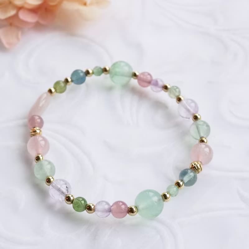 莓果氣泡水─透明水彩 | 粉晶、螢石、紫水晶 天然石手鍊 14k包金