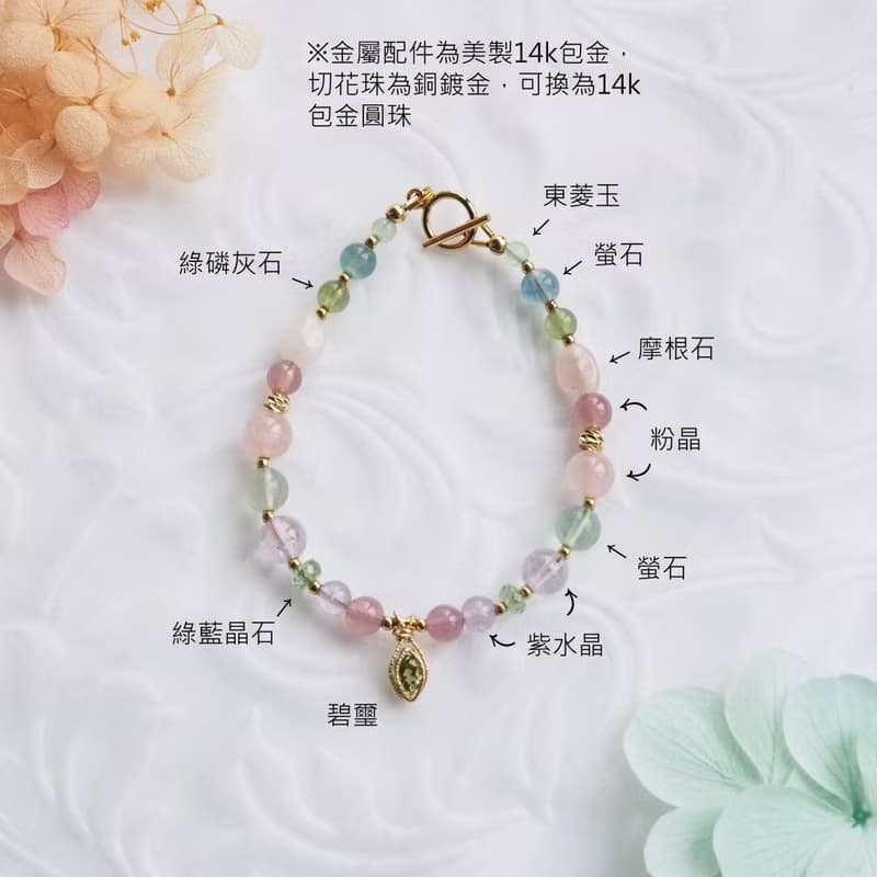 莓果氣泡水─透明水彩 | 粉晶、螢石、紫水晶 天然石手鍊 14k包金
