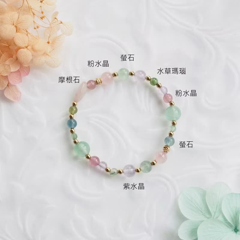 莓果氣泡水─透明水彩 | 粉晶、螢石、紫水晶 天然石手鍊 14k包金