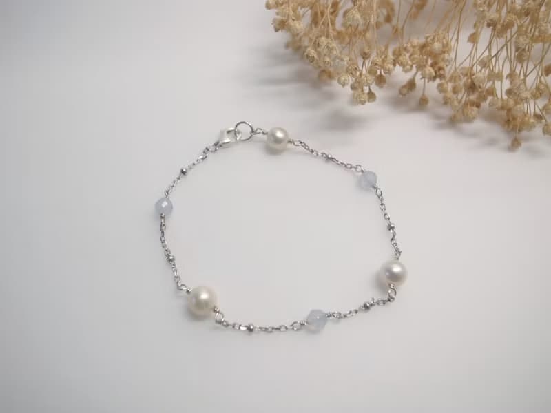 【手鍊】925 純銀 珍珠手鍊 天然石 藍紋瑪瑙