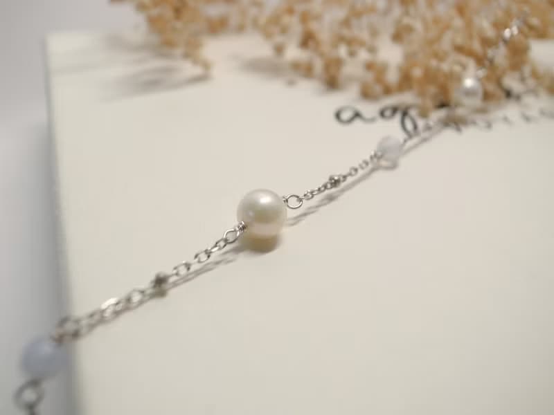 【手鍊】925 純銀 珍珠手鍊 天然石 藍紋瑪瑙