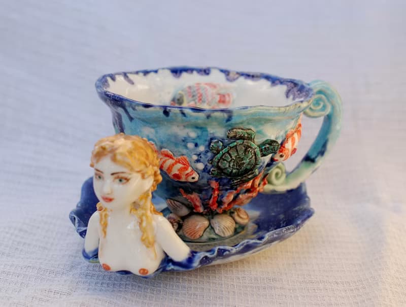 Tea cup and saucer set Porcelain art ,Marine theme Tea set with decor