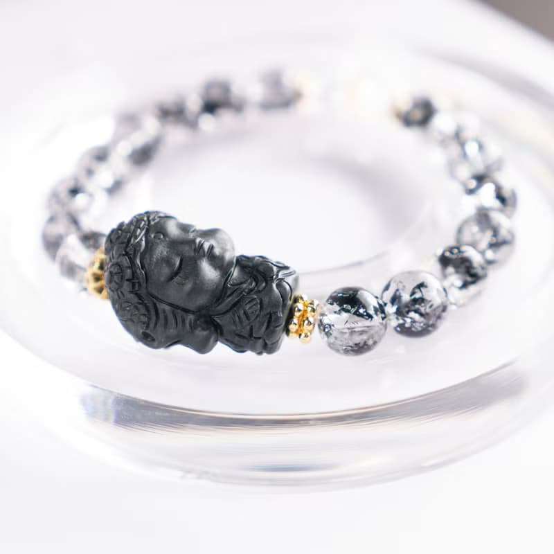 小精品-黑武士閃靈x白水晶x阿拉善- 淨化 穩心 招好運 純銀手環