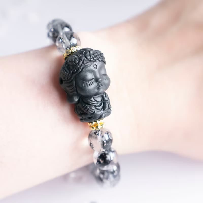 小精品-黑武士閃靈x白水晶x阿拉善- 淨化 穩心 招好運 純銀手環