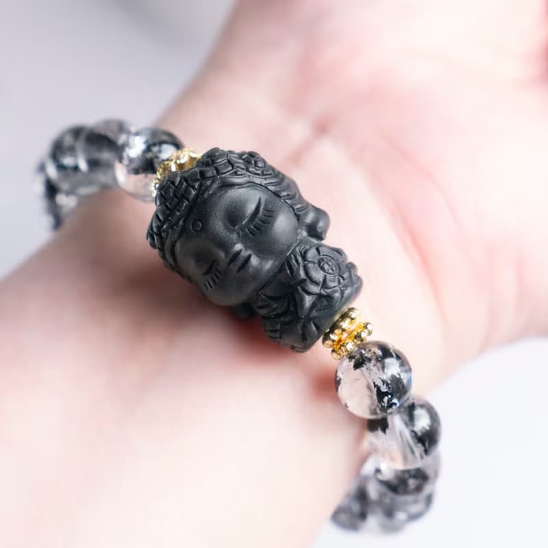 小精品-黑武士閃靈x白水晶x阿拉善- 淨化 穩心 招好運 純銀手環