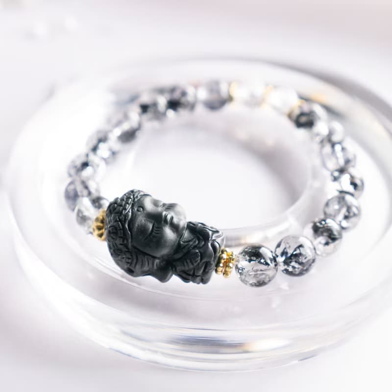 小精品-黑武士閃靈x白水晶x阿拉善- 淨化 穩心 招好運 純銀手環