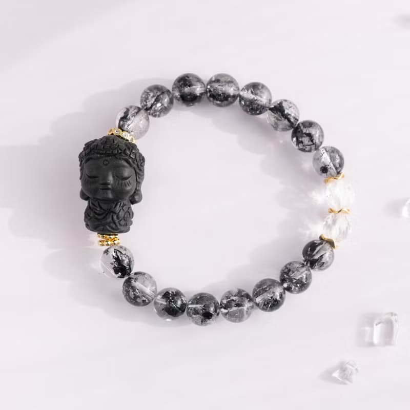 小精品-黑武士閃靈x白水晶x阿拉善- 淨化 穩心 招好運 純銀手環