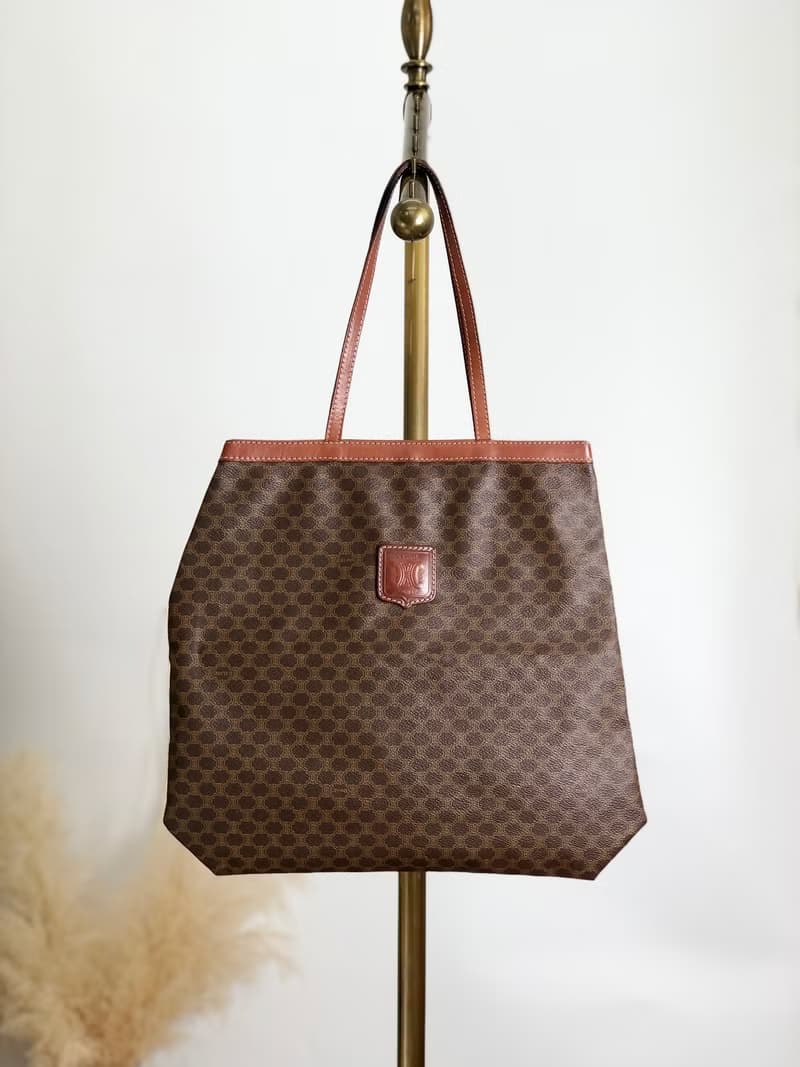 【 日本直送　名牌中古包 】CELINE セリーヌ マカダム トートバッグ ブラウン ブラゾン型押し PVCレザー vintage ヴィンテージ 5ivy2t