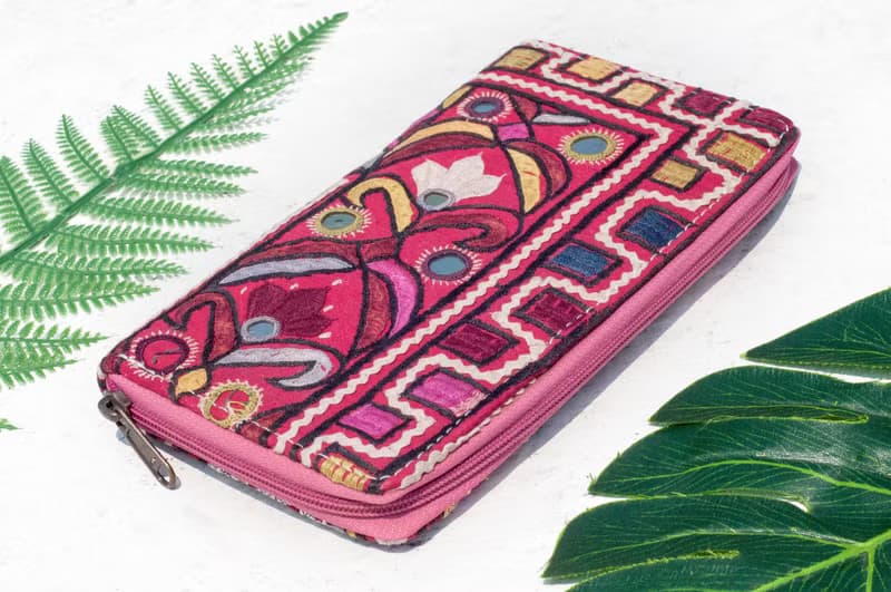 手工刺繡錢包 民族風長夾 刺繡皮夾 手工古布長夾-圓形鏡子刺繡