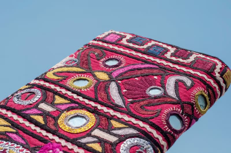 手工刺繡錢包 民族風長夾 刺繡皮夾 手工古布長夾-圓形鏡子刺繡