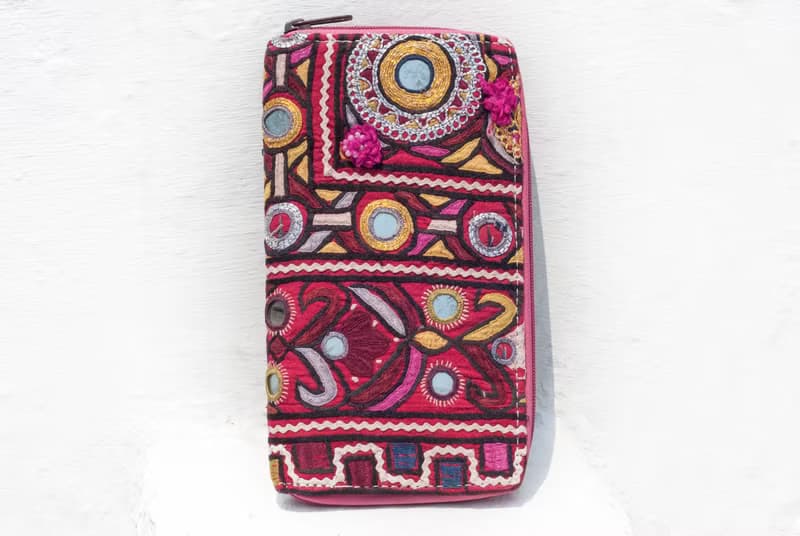 手工刺繡錢包 民族風長夾 刺繡皮夾 手工古布長夾-圓形鏡子刺繡