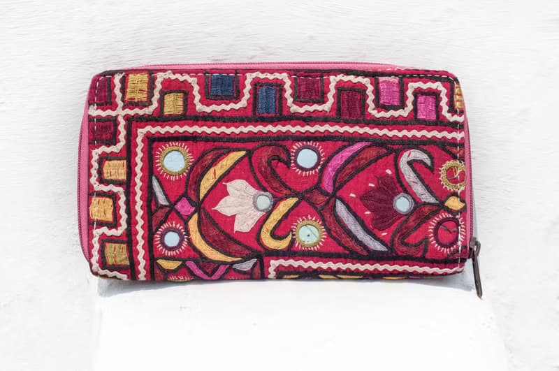 手工刺繡錢包 民族風長夾 刺繡皮夾 手工古布長夾-圓形鏡子刺繡