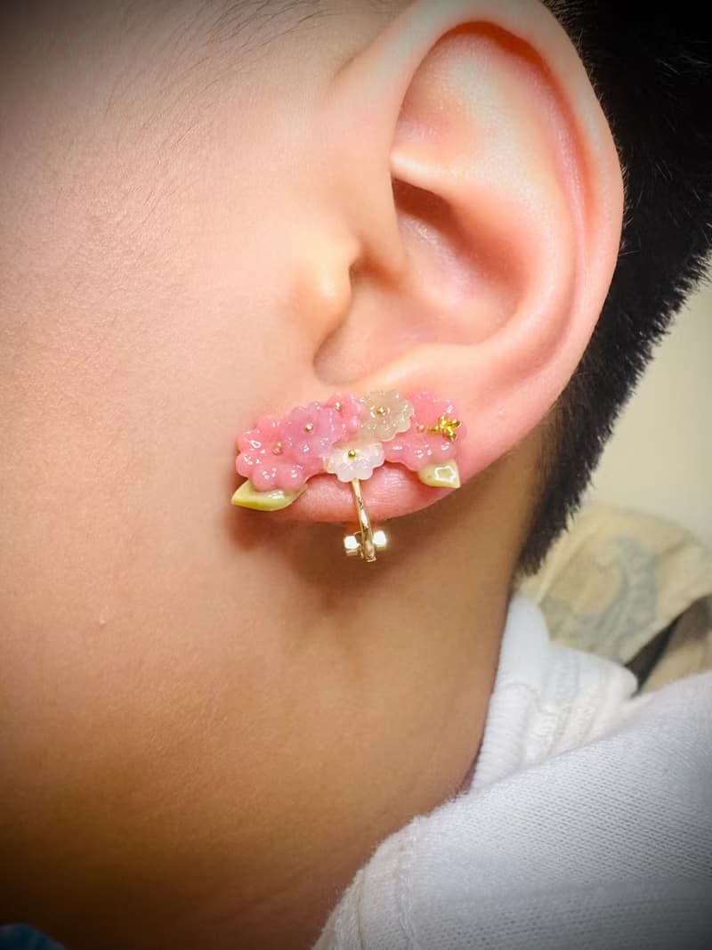 長耳夾系列 - 粉色小花長耳夾