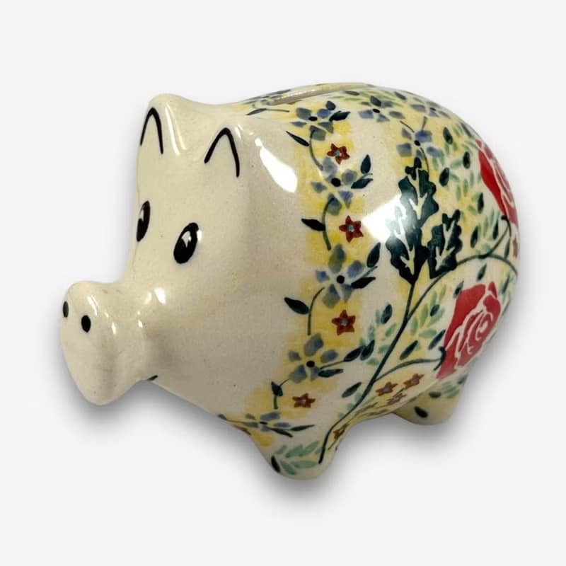 波蘭手繪手工陶-小豬存錢筒 12cm 薔薇花束系列 設計師款