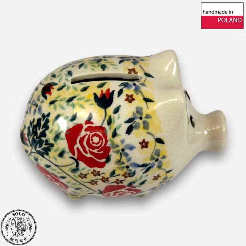 波蘭手繪手工陶-小豬存錢筒 12cm 薔薇花束系列 設計師款