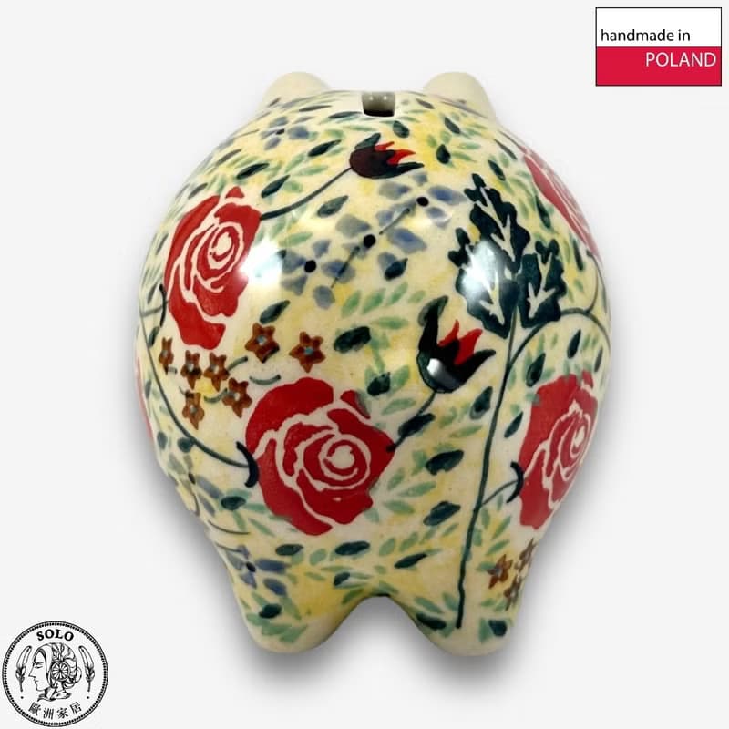 波蘭手繪手工陶-小豬存錢筒 12cm 薔薇花束系列 設計師款