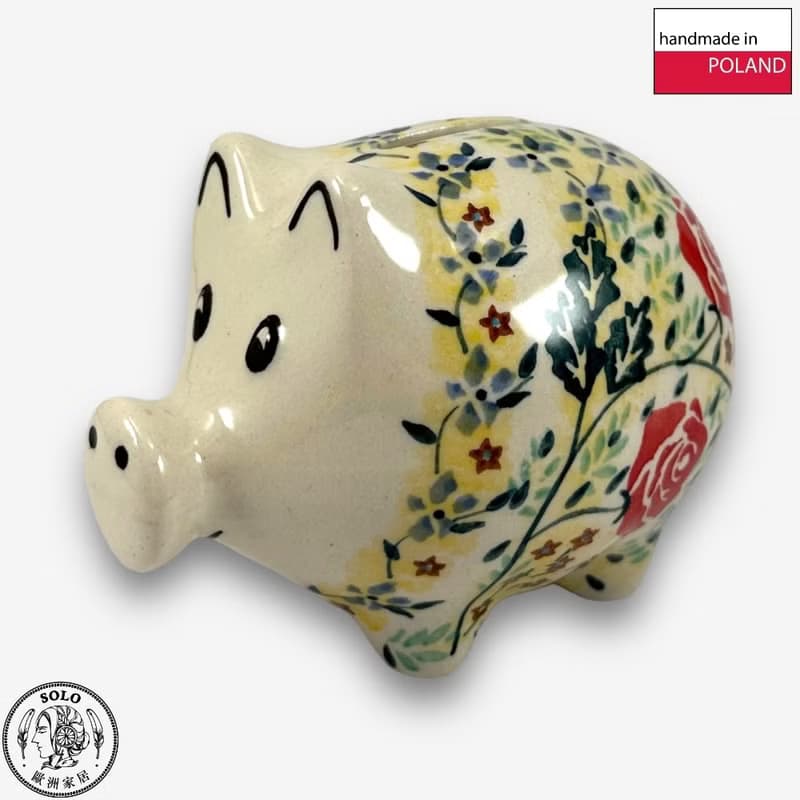 波蘭手繪手工陶-小豬存錢筒 12cm 薔薇花束系列 設計師款