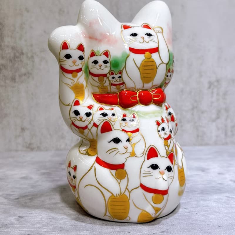 【貓陣招福】日本清水燒招財貓 | 仫繪 白地 貓陣