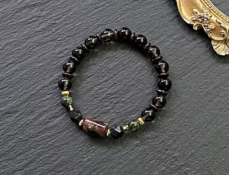 幽靈水晶 黑曜石// 冰種黑曜石 椰殼 藥王石// 黃銅手鍊 招財避邪