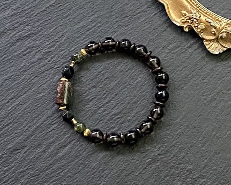 幽靈水晶 黑曜石// 冰種黑曜石 椰殼 藥王石// 黃銅手鍊 招財避邪