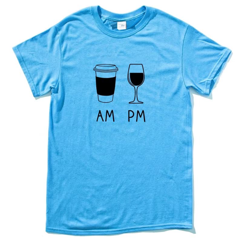 COFFEE AM WINE PM 短袖T恤 藍色 咖啡 酒 禮物 設計 插畫