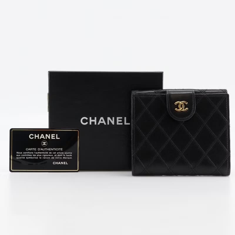 【日本直送】シャネル CHANEL ビコローレ 二つ折り財布 Wホックココマーク ヴィンテージ ラムスキン 黒 レディース【中古】