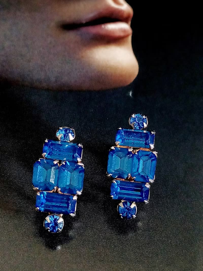 vintage jewelry 璀璨顯色藍色萊茵 夾式耳環
