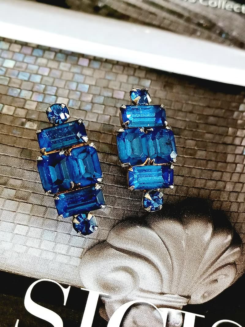 vintage jewelry 璀璨顯色藍色萊茵 夾式耳環