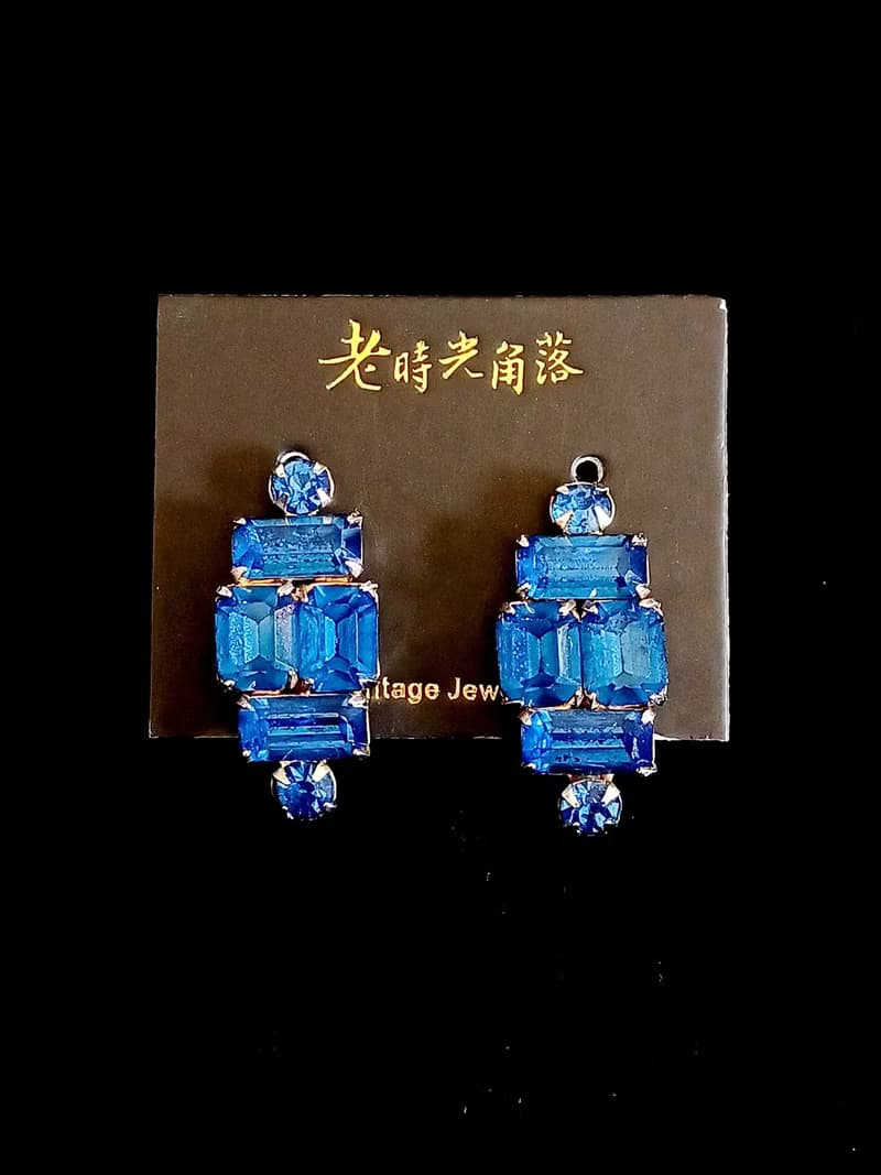 vintage jewelry 璀璨顯色藍色萊茵 夾式耳環