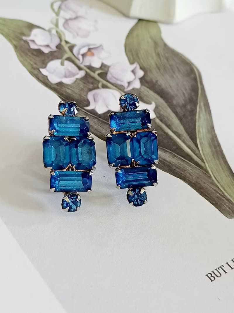 vintage jewelry 璀璨顯色藍色萊茵 夾式耳環