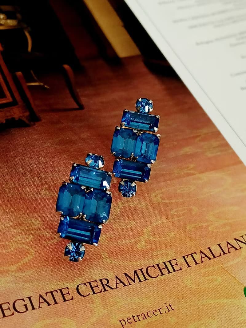 vintage jewelry 璀璨顯色藍色萊茵 夾式耳環