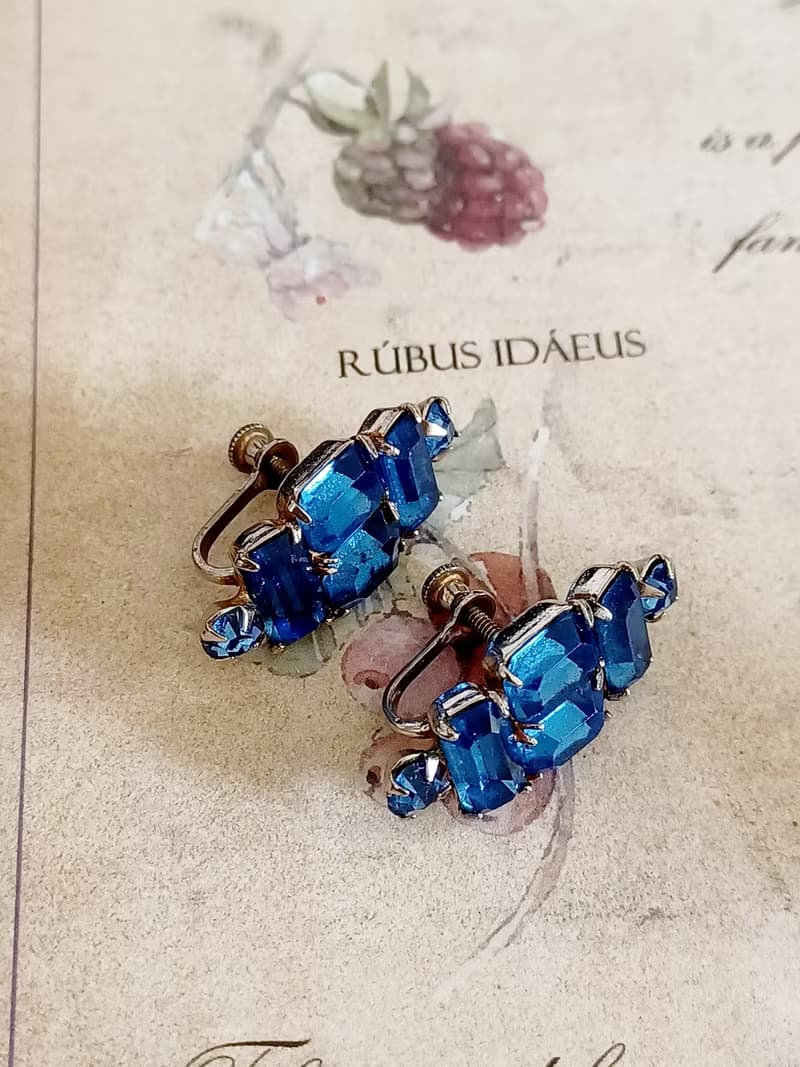 vintage jewelry 璀璨顯色藍色萊茵 夾式耳環