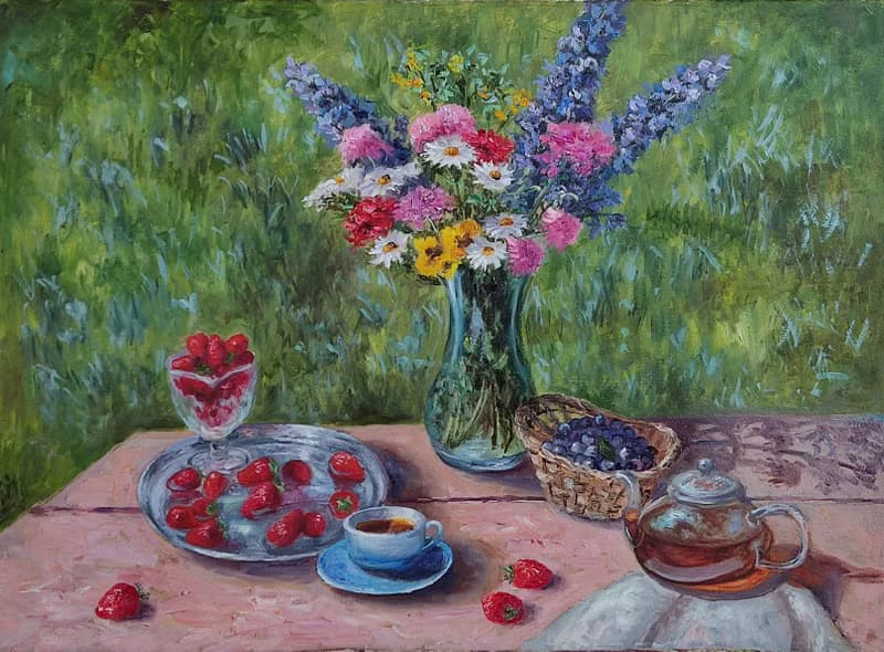 Floral Still life painting Original Art Flowers Bouquet in vase Summer Landscape