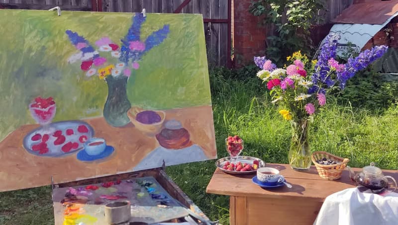 Floral Still life painting Original Art Flowers Bouquet in vase Summer Landscape