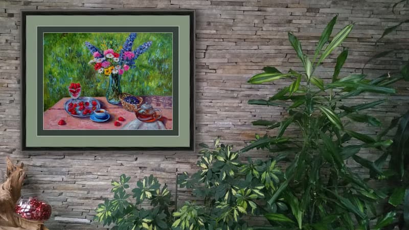 Floral Still life painting Original Art Flowers Bouquet in vase Summer Landscape