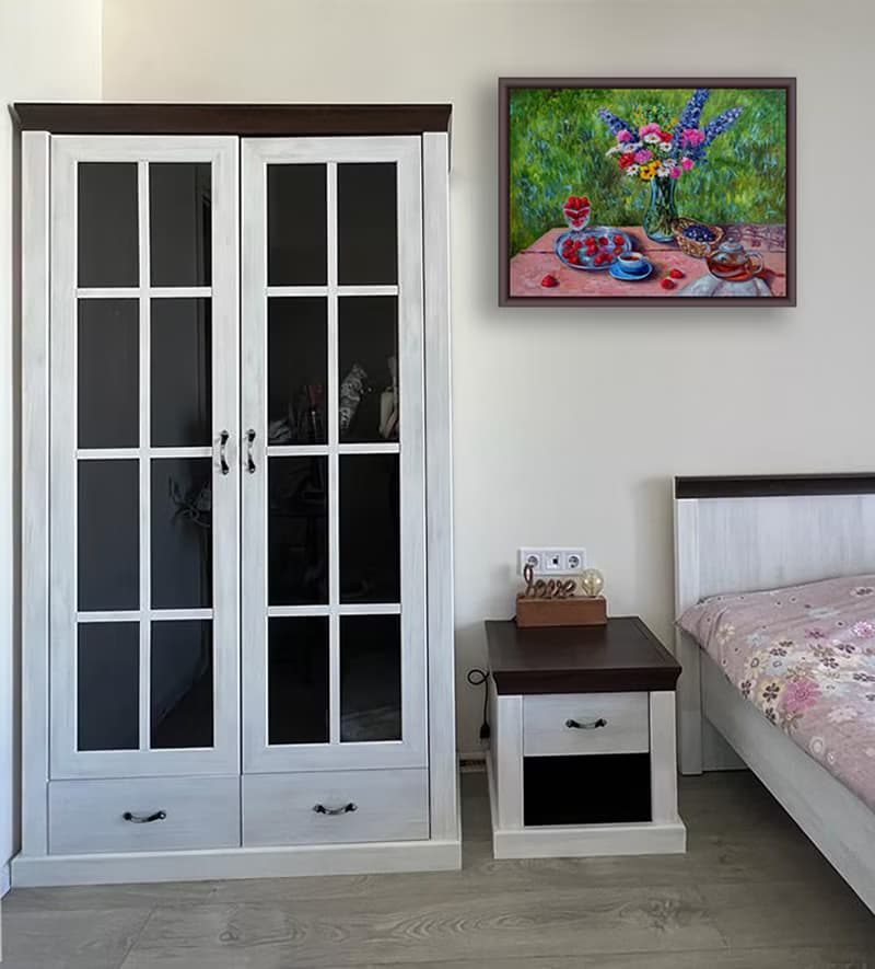 Floral Still life painting Original Art Flowers Bouquet in vase Summer Landscape