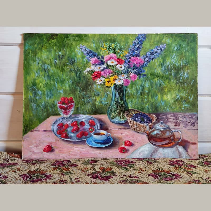 Floral Still life painting Original Art Flowers Bouquet in vase Summer Landscape