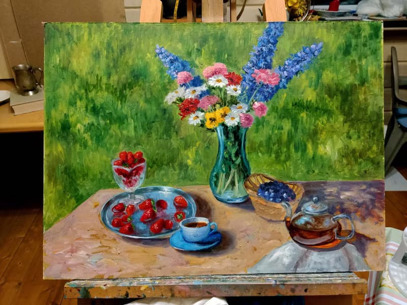 Floral Still life painting Original Art Flowers Bouquet in vase Summer Landscape