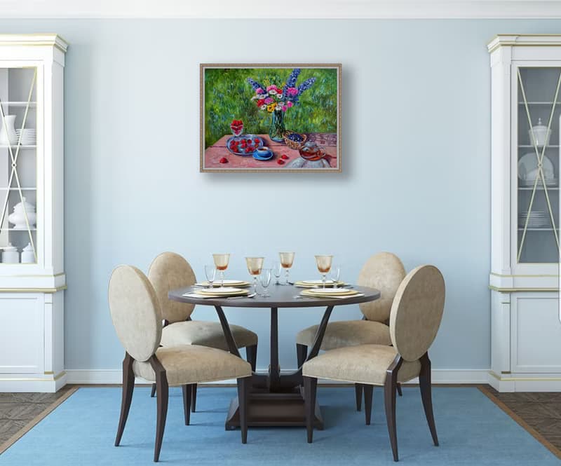 Floral Still life painting Original Art Flowers Bouquet in vase Summer Landscape