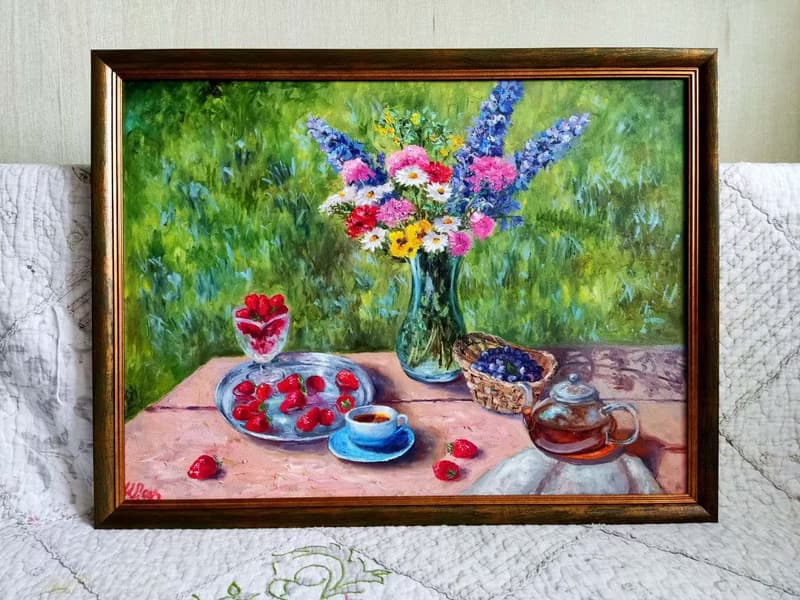 Floral Still life painting Original Art Flowers Bouquet in vase Summer Landscape