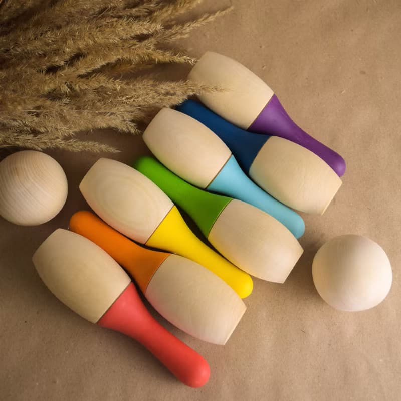 Wooden Bowling Skittles Set Mini Wood Bowling Game with Pins Montessori Toys