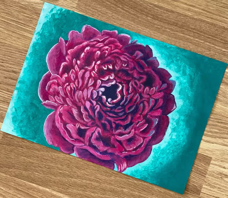 Royal peony, peony face. Gouache.
