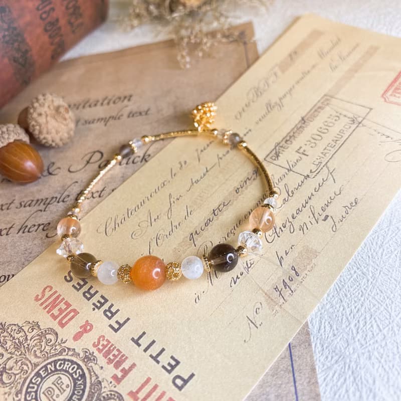 果熟 橙月光 茶晶 紅兔毛 月光石設計款天然石水晶彈性手鍊手環