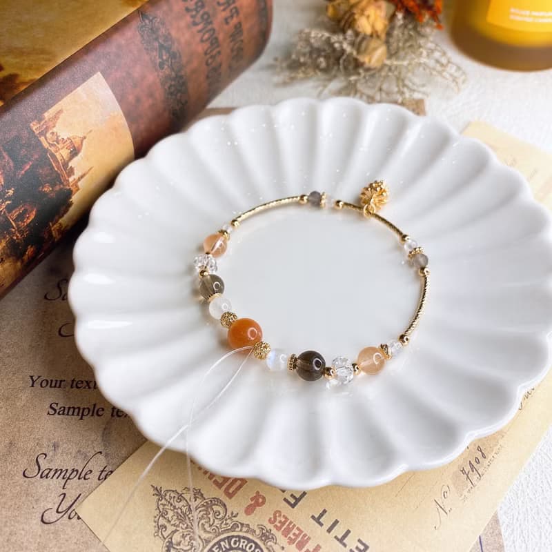 果熟 橙月光 茶晶 紅兔毛 月光石設計款天然石水晶彈性手鍊手環