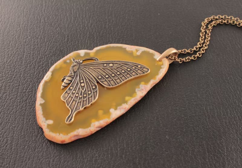 Yellow Agate Slice Necklace Slab Stone Brass Butterfly Pendant Necklace Jewelry