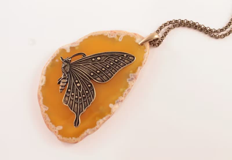 Yellow Agate Slice Necklace Slab Stone Brass Butterfly Pendant Necklace Jewelry