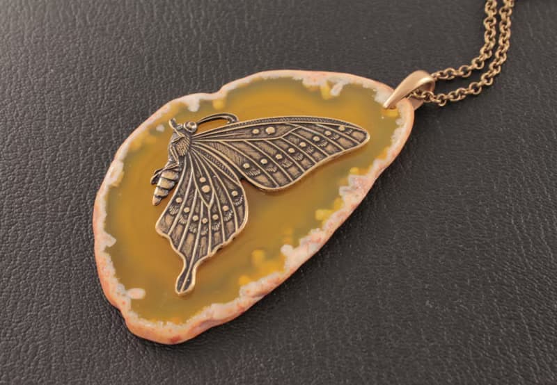 Yellow Agate Slice Necklace Slab Stone Brass Butterfly Pendant Necklace Jewelry