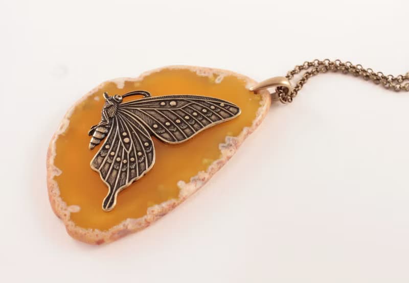 Yellow Agate Slice Necklace Slab Stone Brass Butterfly Pendant Necklace Jewelry