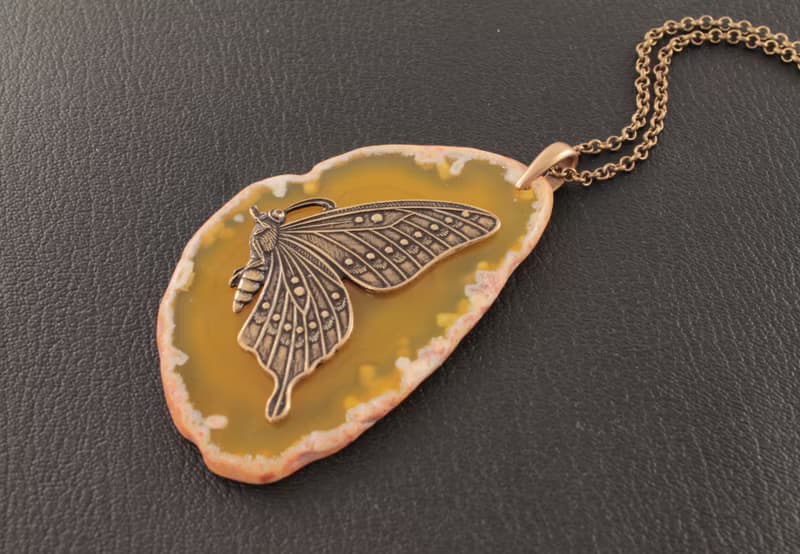 Yellow Agate Slice Necklace Slab Stone Brass Butterfly Pendant Necklace Jewelry