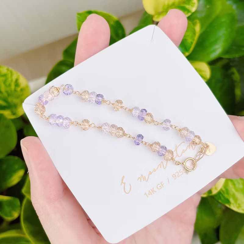 全冰透鑽石切面閃亮紫黃晶手鍊 招財首選 14K